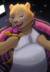 anthro belly brown_body brown_fur electronics eyebrows fur green_eyes jewelry male microphone necklace overweight overweight_male singing solo tattoo thick_eyebrows inugamihito crave_saga gabu_(crave_saga) bear mammal hi_res