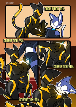 anthro arm_grab armwear assimilation black_armwear black_bottomwear black_clothing black_elbow_gloves black_gloves black_handwear black_latex black_legwear black_shorts black_thigh_highs blue_body blue_fur bottomwear breasts clothed clothed_anthro clothed_female clothed_male clothing corruption drone dronification duo elbow_gloves female footwear fur gloves handwear high_heels kneeling latex latex_armwear latex_bottomwear latex_clothing latex_elbow_gloves latex_gloves latex_handwear latex_legwear latex_shorts latex_skinsuit latex_thigh_highs legwear lock_bulge lock_symbol male male/female multicolored_body multicolored_clothing multicolored_fur multicolored_skinsuit null_bulge shoes shorts skinsuit tail text thigh_highs tight_clothing two_tone_body two_tone_clothing two_tone_fur two_tone_skinsuit white_body white_fur yellow_latex rem_phase el_(rem_phase) vega_(rem_phase) domestic_cat felid feline felis mammal 2026 absurd_res comic digital_media_(artwork) english_text hi_res