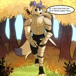 anthro armor biped black_sclera blue_eyes blue_hair bulge clothing detailed_background detailed_bulge dialogue digitigrade erection erection_under_clothing forest forest_background genital_outline hair hindpaw male male_anthro nature nature_background paws penis_outline plant solo spandex speech_bubble templar text tight_clothing tree mokamoshi canid canine canis mammal wolf 1:1 absurd_res english_text hi_res watermark