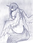 anthro bodily_fluids butt female freckled_butt freckles horn looking_away nude raining rear_view sad scar sitting solo tears wings snickerlewdles hasbro my_little_pony mythology gingersnaps_(oc) equid equine mammal mythological_creature mythological_equine winged_unicorn hi_res sketch