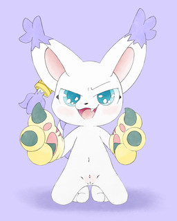accessory anthro blue_eyes blush claws clitoris clothing fangs female finger_gun fur furgonomics genitals gesture gloves hand_gesture handwear kneeling looking_at_viewer navel open_mouth paws purple_background simple_background smile solo tail tail_accessory teeth vulva white_body white_fur lucky_luxio bandai_namco digimon digimon_(species) felid feline gatomon mammal colored digital_drawing_(artwork) digital_media_(artwork) hi_res
