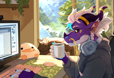 animated_gif anthro beverage candy chocolate computer cozy dessert duo electronics feral food headphones hot_chocolate komotetico kingkomo komo domestic_cat felid feline felis mammal 2025 2d_animation animated better_version_at_source motion_tweening short_playtime