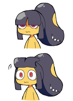 bangs before_and_after female frown red_eyes simple_background solo white_background melfunnysmell nintendo pokemon generation_3_pokemon humanoid mawile pokemon_(species) bust_portrait portrait