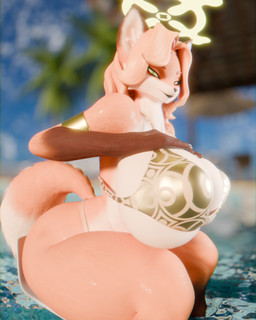 anthro aureola big_breasts bikini biped black_lips blurred_background breasts chair clothing female female_anthro fur furniture glowing glowing_eyes gold_bikini gold_rings hair hand_on_breast lips looking_at_viewer on_chair orange_body orange_fur orange_hair sitting sitting_on_chair smile smiling_at_viewer solo swimming_pool swimwear two-piece_swimsuit wide_hips yellow_eyes yellow_glow tonyturbo dogzeela_(modeler) vela_(kagekitsoon) canid canine fox mammal 3d_(artwork) 4:5 absurd_res digital_media_(artwork) hi_res