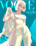 anthro bangs blonde_hair blue_background bone_frill bottomwear bra breasts clothing eyewear female fictional_magazine_cover frill_(anatomy) glasses hair holding_clothing holding_jacket holding_object holding_topwear jacket long_tail low-angle_view navel orange_body pants pose simple_background small_breasts snout solo spiked_tail spikes spikes_(anatomy) tail text topwear underwear white_body dark_rya cavemanon_studios goodbye_volcano_high snoot_game vogue_(magazine) naomi_(gvh) dinosaur hadrosaurid ornithischian ornithopod parasaurolophus prehistoric_species reptile scalie 2023 4:5 absurd_res cover english_text hi_res magazine_cover shaded