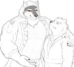 anthro blush clothing duo green_eyes hood hug long_coat male male/male muscular muscular_anthro muscular_male necktie red_sclera suit nikukyu lifewonders live_a_hero dog_operator monomasa protagonist_(live_a_hero) canid canine canis domestic_dog mammal