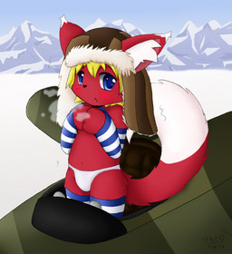 anthro arm_warmers armwear clothing hat headgear headwear leg_warmers legwear male mountianscape snow solo underwear kemotobi domestic_cat felid feline felis mammal 2012 dated