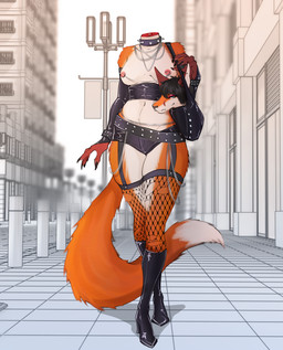 anthro areola belt boots bracelet breasts chain_necklace clothed clothing collar detachable detachable_head female footwear fur headless high_heeled_boots high_heels jewelry legwear looking_at_viewer medium_breasts neck_stump necklace nipple_chain nipple_piercing nipples orange_body orange_fur piercing public public_nudity purse shoes solo stockings thigh_highs topless skwerna_timido lilith_(tenpoundhammer) canid canine fox mammal absurd_res hi_res