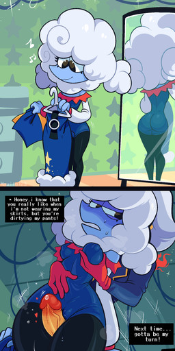 blush bodily_fluids breast_grab breasts butt dialogue female genital_fluids genitals hand_on_breast heart_symbol humanoid_genitalia humanoid_penis male male/female mirror nipple_outline not_furry penis precum reflection sex sweat text thigh_sex vein veiny_penis mawile123 deltarune undertale_(series) elnina_(deltarune) lanino_(deltarune) darkner elemental_creature elemental_humanoid humanoid 2025 absurd_res english_text hi_res