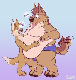 anthro clothed clothing duo eye_contact featureless_chest fur half-closed_eyes hand_on_belly looking_at_another male male/male multicolored_body multicolored_fur narrowed_eyes nude obese overweight pointy_ears size_difference tail tongue tongue_out underwear underwear_only weight_difference curritoss bear_(muttline) koar_(muttline) canid canine canis fennec_fox fox jackal mammal true_fox hi_res