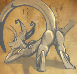 animal_genitalia antennae_(anatomy) anthro big_ears biped black_markings blue_eyes butt digitigrade disembodied_hand duo ear_piercing ear_ring genital_slit genitals interrobang male markings nude open_mouth pale_skin paws piercing presenting presenting_hindquarters questionable_consent ring_piercing simple_background slim solo_focus tail thick_tail unusual_anatomy esmentiras gerra alien kymera absurd_res digital_media_(artwork) hi_res