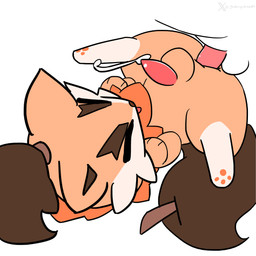 ball bodily_fluids chest_tuft cum duo feral fur genital_fluids genitals lying male on_back orange_body orange_fur penis simple_background stick tail tuft godforgiveme4 palworld pocketpair pal_(species) pupperai_(pal) 1:1 hi_res watermark