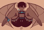 afro anthro bat big_butt bottomwear butt camel_toe clothing ear_piercing ear_ring female hair lips looking_at_viewer mammal membrane_(anatomy) membranous_wings neozoa piercing ring_piercing shorts smile solo spread_legs spreading thick_thighs wings