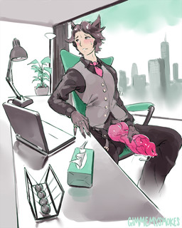 accessory animal_genitalia animal_genitalia_on_humanoid animal_penis big_penis blush bodily_fluids bottomwear canine_genitalia canine_penis clothed clothing computer desk detailed_background electronics furniture furniture_lamp genital_fluids genitals huge_penis inside knot lamp laptop male masturbation necktie office open_bottomwear open_clothing open_pants pants penile penile_masturbation penis precum ring sitting solo sweat table topwear unbuttoned vein veiny_penis vest gimmemysmokes kleenex animal_humanoid canid canid_humanoid canine canine_humanoid dog_humanoid humanoid mammal mammal_humanoid 4:5 hi_res