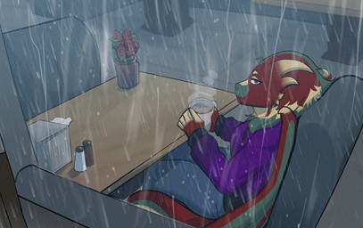 anthro beverage bottomwear breasts clothing female flower furniture holding_beverage holding_object looking_at_viewer membrane_(anatomy) membranous_wings pants pepper_shaker plant purple_clothing purple_shirt purple_topwear raining red_body rose_(flower) salt_shaker shirt sitting smile solo table tail topwear window wings 6my mythology drako_(drakoflame2) dragon mythological_creature mythological_scalie scalie 2024 digital_media_(artwork)