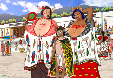 anthro antlers aztec big_breasts black_hair black_nose bottomwear breast_markings breasts brown_body brown_fur cape clothed clothed_anthro clothed_female clothed_male clothing female fur group hair hairless horn huge_breasts larger_female loincloth male male/female markings mesoamerican mesoamerican_architecture navel neck_markings nipples purple_hair size_difference smaller_male trio ohs688 citlalin cuicatototl xochimazatl canid canine canis deer domestic_dog hairless_dog mammal primitive_dog xoloitzcuintli absurd_res hi_res