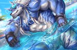 abs anthro biceps clothing detailed_background eyewear fingerless_gloves fur gloves hair handwear male muscular muscular_anthro muscular_male nipples outside pecs sky solo summer sunglasses swimming_pool swimwear water rabbity gyee yang_(gyee) canid canine canis mammal wolf 2021 hi_res