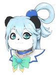 :3 accessory alternate_species ambiguous_gender anthro black_nose blue_eyes blue_hair bodily_fluids bow_ribbon choker clothed clothing front_view furrification hair hair_accessory hair_bun jewelry looking_at_viewer necklace ruff_(clothing) simple_background smile solo sweat sweatdrop white_background foogyakumo konosuba:_god's_blessing_on_this_wonderful_world! aqua_(konosuba) bear giant_panda mammal 2019 absurd_res bust_portrait hi_res portrait female_(lore)