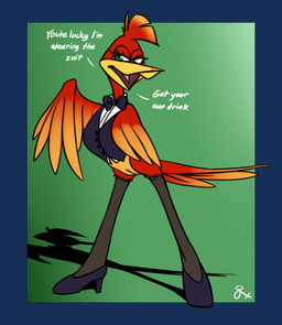 bottomless bow_tie clothed clothing dialogue female feral footwear genitals high_heels legwear semi-anthro shoes solo suit thigh_highs toony topwear vest vulva rasenxoru banjo-kazooie rareware kazooie avian bird breegull hi_res