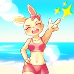 anthro beach breasts clothed clothing female fur kils_rinto pose seaside smile thick_thighs wide_hips yellow_body yellow_fur huitu_c yellow_rabbit_(huitu_c) lagomorph leporid mammal rabbit 1:1 hi_res