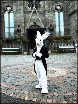 church classy clothing costume footwear fursuit gothic_architecture looking_at_viewer male real sandals shoes smile solo tioh lagomorph leporid mammal rabbit 2009 grandfathered_content photography_(artwork)