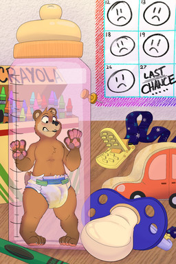 4_toes 5_fingers ageplay anthro baby_bottle blush bodily_fluids brown_body brown_fur claws clothed clothing crayon detailed_background diaper embarrassed feet fingers fur genital_fluids hindpaw infantilism male micro pacifier pacifier_clip pawpads paws pink_pawpads roleplay solo teeth text toe_claws toes topless toy unclean_diaper urine used_diaper wearing_diaper wet_diaper wetting bottlebear manor_(bottlebear) bear mammal 2021 2:3 absurd_res digital_drawing_(artwork) digital_media_(artwork) english_text hi_res