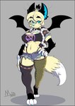 anthro anthrofied bandage bat_wings belly_piercing big_breasts blue_eyes blue_nails blue_nose bottomwear breasts choker clothed clothing colored_nails cropped_jacket crown duo female female_focus fluffy fluffy_tail fur g-string headgear hindpaw hotpants jewelry legwear membrane_(anatomy) membranous_wings nails navel navel_piercing necklace nipple_slip paws piercing scar shirt shorts skimpy skull_accessory solo stockings tail topwear torn_clothing torn_shirt torn_topwear underwear visible_nipples whiskers wings yellow_body yellow_fur meatboom komo domestic_cat felid feline felis mammal 2022 hi_res