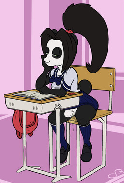 adolescent anthro arm_support backpack black_body black_clothing black_footwear black_nose black_shoes blue_bottomwear blue_bow blue_clothing blue_footwear blue_shirt blue_skirt blue_socks blue_topwear bodily_fluids book bottomwear bow_accessory casual_urination chair classroom clothed clothing clothing_bow desk eraser exhibitionism eyelashes female footwear furgonomics furniture genital_fluids genitals green_eyes hair half-closed_eyes legwear loli looking_at_viewer multicolored_body narrowed_eyes no_underwear peeing peeing_on_furniture pencil_(object) ponytail school school_desk school_uniform shirt shoes sitting skirt smile smirk socks solo spread_legs spreading stealth_peeing swinging_legs table tail tail_through_skirt topwear two_tone_body uniform upskirt urine vulva watersports white_body white_clothing white_shirt white_topwear young young_anthro young_female squeedrii_(artist) blizzard_entertainment warcraft li_li_stormstout bear mammal pandaren hi_res