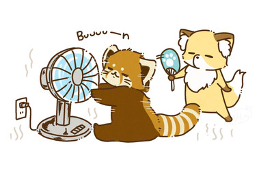 ambiguous_gender brown_body chibi duo electric_fan eyes_closed feral oscillating_fan sitting text shi_nominmin ailurid canid canine fox mammal red_panda 2023 hi_res