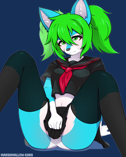 anthro asian_clothing bangs bent_legs biped black_serafuku blue_body blue_fur bottomwear breasts clothed clothing concern confusion countershade_fur countershading covering covering_crotch covering_self crop_top ears_up east_asian_clothing female fur gloves_(marking) green_eyes green_hair hair high_thighs inner_ear_fluff japanese_clothing japanese_school_uniform knees_pulled_up knees_up legwear markings midriff mouth_closed multicolor on_ground panties pigtails school_uniform serafuku shirt simple_background sitting skirt slim small_breasts solo spread_legs spreading stockings thigh_highs topwear transparent_background tuft twintails_(hairstyle) underwear uniform upskirt white_body white_fur marshmallow-ears serah_(creamingserah) canid canine hybrid mammal absurd_res alpha_channel hi_res