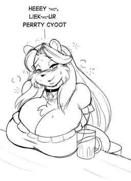 anthro beverage big_breasts blush breasts chest_tuft cleavage clothed clothing collar dialogue drunk female huge_breasts mature_anthro mature_female solo substance_intoxication text tuft jwinkz amara_(jwinkz) bear mammal english_text hi_res monochrome