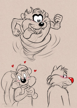 4_fingers anthro big_tail blush bright_eyes cheek_tuft embarrassed facial_tuft fangs fingers group happy head_tuft heart_symbol hearts_around_head love male red_nose spinning tail teeth trio tuft whiskers adriano_berjillos looney_tunes warner_brothers pepe_le_pew sylvester_(looney_tunes) tasmanian_devil_(looney_tunes) dasyurid dasyuromorph domestic_cat felid feline felis mammal marsupial mephitid skunk tasmanian_devil
