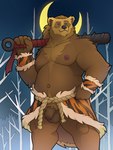 anthro balls blue_eyes body_hair brown_body brown_fur club_(weapon) flaccid foreskin fur genitals hair humanoid_genitalia humanoid_hands humanoid_penis kanabō long_hair male melee_weapon moon musclegut muscular night nipples outside overweight overweight_male penis plant ponytail pubes solo tree weapon weapon_on_shoulder quasarbearcat bear brown_bear mammal ursine ussuri_brown_bear 2021 3:4 absurd_res hi_res