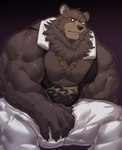 anthro bear ben_bigger big_muscles claws collar eye_scar facial_scar fur hi_res istani looking_at_viewer male mammal mihoyo muscular muscular_anthro muscular_male nipple_outline pecs scar solo vein veiny_muscles zenless_zone_zero