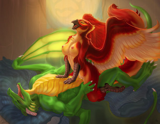 anthro anthro_on_anthro beak bedding bedroom big_breasts bodily_fluids breasts cowgirl_position cum cum_in_vagina cum_inside duo eyes_closed feathered_wings feathers female female_on_top female_penetrated from_front_position genital_fluids genitals green_body green_scales hand_on_butt happy happy_sex indoor_nudity indoor_sex inside interspecies looking_pleasured lying male male/female male_on_bottom male_penetrating male_penetrating_female membrane_(anatomy) membranous_wings nipples non-mammal_breasts nude on_back on_bottom on_top open_mouth orgasm_face penetration penile penile_penetration penis penis_in_vagina red_body red_feathers scales sex straddling tail vaginal vaginal_fluids vaginal_penetration vulva wings yellow_body yellow_scales acidapluvia european_mythology greek_mythology mythology avian dragon mythological_avian mythological_bird mythological_creature mythological_firebird mythological_scalie phoenix scalie