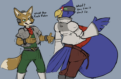 anthro beak belly belly_overhang belt_buckle big_belly blue_body blue_feathers boots bottomwear buckle clothed clothing dialogue dipstick_tail duo feathers footwear fur green_eyes hair headgear huge_belly jacket kerchief loose_belt male male/male markings open_bottomwear open_clothing open_pants orange_body orange_fur overweight overweight_male pants pilot_uniform profanity shirt shoes smile tail tail_markings tan_body tan_fur tan_hair teasing text topwear wristband saphiros nintendo star_fox falco_lombardi fox_mccloud avian bird canid canine fox mammal 2020 english_text hi_res
