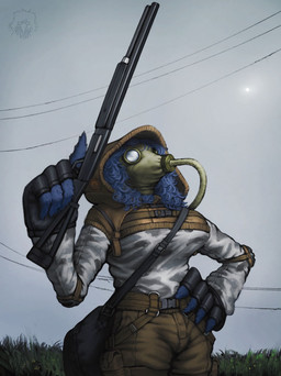 ambiguous_gender anthro bag bottomwear brown_bottomwear brown_clothing brown_pants camo clothing cloud cloudy_sky curly_hair gas_mask grass gun hair hand_on_hip hood long_hair mask outside pants plant power_lines pupils ranged_weapon sky solo standing straps weapon winged_arms wings red_safe_boi avian bird corvid corvus_(genus) crow oscine passerine hi_res