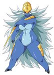 anthro anthrofied armor breasts claws featureless_breasts featureless_crotch female generation_5_pokemon hair headgear helmet long_hair looking_at_viewer melee_weapon nintendo pokemon pokemon_(species) red_eyes samurott simple_background solo standing sword thick_thighs torushitakara weapon white_background white_hair wide_hips