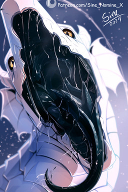 ambiguous_form ambiguous_gender black_insides black_tongue bodily_fluids dripping forked_tongue horn mouth_shot open_mouth pupils saliva saliva_drip saliva_on_tongue simple_background slit_pupils solo text tongue tongue_out white_body white_horn yellow_eyes sine_nomine_x mythology dragon mythological_creature mythological_scalie scalie 2024 colored dated digital_drawing_(artwork) digital_media_(artwork) hi_res shaded url