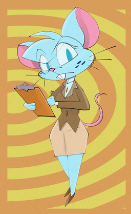 4_fingers anthro biped blue_body blue_eyes blue_freckles blue_fur blue_hair border bottomwear breasts brown_clothing brown_footwear brown_shoes brown_topwear brown_vest buckteeth clipboard clothed clothed_anthro clothed_female clothing collared_shirt dress_shirt female fingers footwear freckles front_view fur hair holding_clipboard holding_object looking_at_viewer mouse_tail no_pupils orange_background orange_border pattern_background pencil_skirt pink_inner_ear pink_nose pink_tail shirt shoes simple_background skirt solo tail tan_bottomwear tan_clothing tan_skirt teeth topwear vest whiskers white_dress_shirt hifrogeno mia_mouse house_mouse mammal mouse murid murine rodent 2023 absurd_res colored digital_drawing_(artwork) digital_media_(artwork) full-length_portrait hi_res portrait