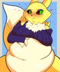 anthro belly belly_expansion belly_overhang belly_rub bottomless clothed clothing expansion female fluffy fluffy_tail makeup navel neck_tuft overweight solo sweater tail topwear tuft weight_gain softtibbies bandai_namco digimon canid canine digimon_(species) mammal renamon 5:6 absurd_res hi_res