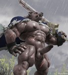 2024 3d_(artwork) abs anthro areola artist_name balls barazoku biceps big_balls big_muscles big_pecs big_penis blaidd_(elden_ring) blurred_background canid canine canis cape clothing cloud digital_media_(artwork) elden_ring erection fingerless_gloves fromsoftware fur genitals glistening glistening_body gloves handwear hi_res holding_melee_weapon holding_object holding_sword holding_weapon huge_muscles humanoid_genitalia humanoid_penis low-angle_view male mammal manly melee_weapon muscular nipples nude obliques outside pecs penis plant psyertitan quads raining scar serratus sky solo standing sword teeth thick_penis thick_thighs tree tuft water weapon wolf