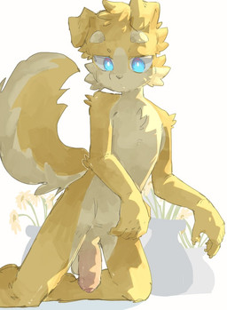 5_fingers anthro arm_tuft balls blue_eyes blush body_blush chest_tuft claws countershade_face countershade_fur countershade_tail countershade_torso countershading elbow_tuft eyebrows facial_tuft finger_claws fingers floppy_ears flower foreskin fur genitals grey_nose kemono kneeling looking_down male male_anthro nude_anthro nude_male penis penis_blush plant shoulder_tuft solo tail tan_balls tan_body tan_eyebrows tan_fur tan_penis tuft yellow_body yellow_fur young young_anthro young_male regcron crowl_(regcron) canid canine canis domestic_dog mammal 2026
