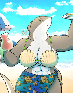 abs anthro big_breasts bra breasts clothing eyebrows female front_view gills grey_body holding_object huge_breasts muscular muscular_female navel non-mammal_breasts non-mammal_navel piercing red_eyes seashell_bra solo swimwear thick_thighs underwear white_body wide_hips thezyko aquatic fish shark 2025 digital_media_(artwork) hi_res