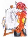 anthro big_breasts breasts creating_art drawing duo easel eraser female fur green_eyes hair hand_on_hip high-angle_view lacing looking_back orange_body orange_fur paper pencil_(object) pose rear_view red_hair solo_focus standing tail tongue tongue_out bittenhard oh_my_goddess! belldandy canid canine domestic_cat felid feline felis fox human mammal colored_pencil_(artwork) graphite_(artwork) pencil_(artwork) traditional_media_(artwork)