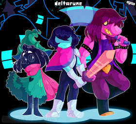 anthro axe bottomwear bracelet clothed clothing detailed_background female green_clothing group hat headgear headwear jewelry logo male melee_weapon outline pants purple_clothing scarf spiked_bracelet spikes sword teeth text topwear town trio vest weapon white_outline amanddica deltarune undertale_(series) kris_dreemurr ralsei susie_(deltarune) bovid caprine darkner goat human lizard mammal reptile scalie 2018 copyright_name digital_media_(artwork) hi_res