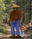 anthro belly male overweight overweight_male park_ranger photo_background pose shirtless slightly_chubby solo rahir_(artist) united_states_forest_service smokey_bear bear mammal ursine 5:6 digital_media_(artwork) hi_res photography_(artwork)