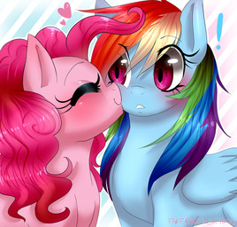 blue_body constricted_pupils duo exclamation_point eyes_closed female female/female feral hair heart_symbol kissing kissing_cheek multicolored_hair pink_body pink_hair pupils purple_eyes rainbow_hair small_pupils surprise_kiss wings farfromserious friendship_is_magic hasbro my_little_pony mythology pinkie_pie_(mlp) rainbow_dash_(mlp) earth_pony equid equine horse mammal mythological_creature mythological_equine pegasus pony 2015 digital_drawing_(artwork) digital_media_(artwork) hi_res