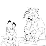 anthro clothed clothing cooking dipstick_ears dough duo ear_markings eye_contact female looking_at_another male multicolored_ears simple_background smile white_background replytoanons disney zootopia gideon_grey judy_hopps canid canine fox lagomorph leporid mammal rabbit red_fox true_fox 1:1 2016 black_and_white monochrome