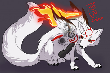 anatomically_correct anatomically_correct_genitalia anatomically_correct_penis animal_genitalia animal_penis balls bedroom_eyes black_eyes black_nose black_penis brush canine_genitalia canine_penis claws crossgender digitigrade erection feral finger_claws fire fluffy fluffy_tail ftm_crossgender fur genitals grey_background knot long_tail looking_at_viewer male markings narrowed_eyes paws penis pupils quadruped red_body red_fur rubbing_penis seductive sheath simple_background sitting slit_pupils smile solo tail toe_claws weapon white_body white_fur yellow_sclera zeniarmr capcom clover_studio okami_(capcom) amaterasu_(okami) canid canine canis deity mammal wolf 2022 dated digital_media_(artwork) signature